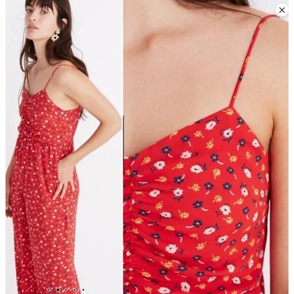 Madewell Red Floral Wide Leg Lightweight‎ Ankle Length Jumpsuit Sz 14 Cottage - Picture 2 of 8